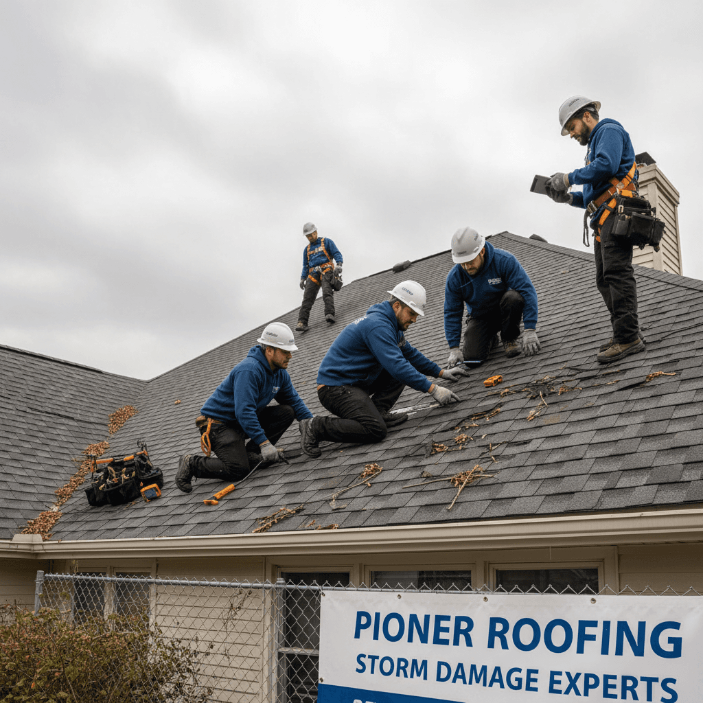 Roofers assessing storm damage on a suburban roof under cloudy skies