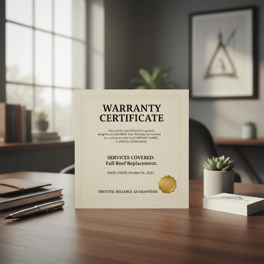 Warranty certificate displayed in a professional office setting, suggesting trust and reliability.