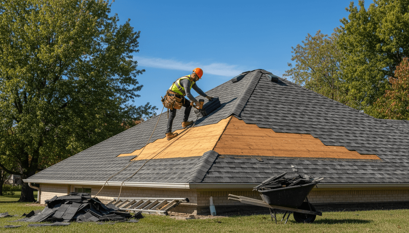 Pioneer Roofing contractor performing detailed shingle repair on residential roof in Auburn Hills