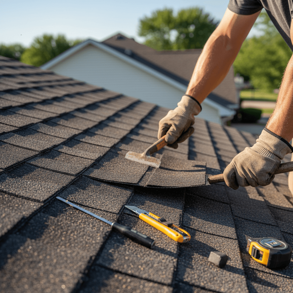 Roofer carefully removing damaged shingles on a residential roof