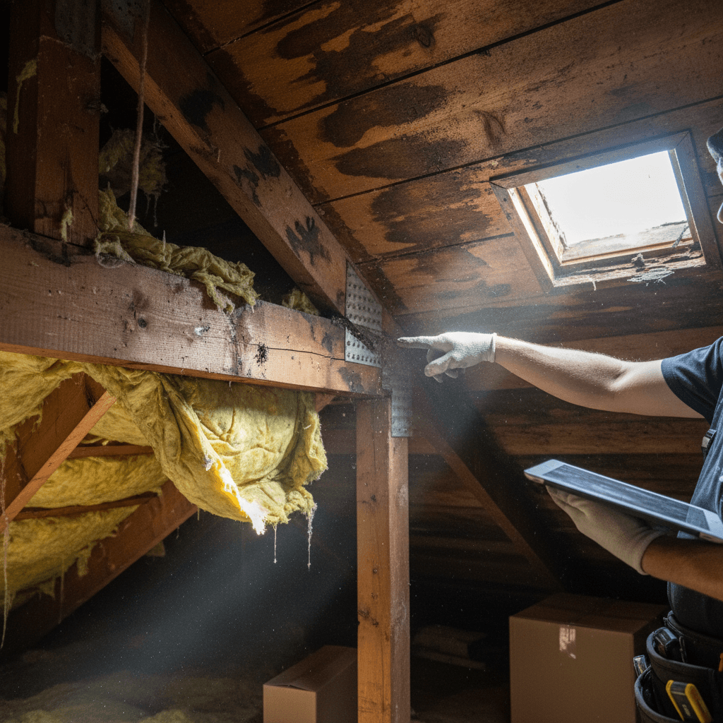Interior attic view showing water stains and damage to wooden roof structure and insulation