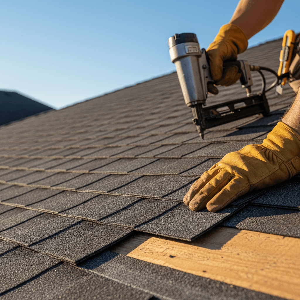 Professional roofer's hands installing premium asphalt shingles on residential roof in bright daylight